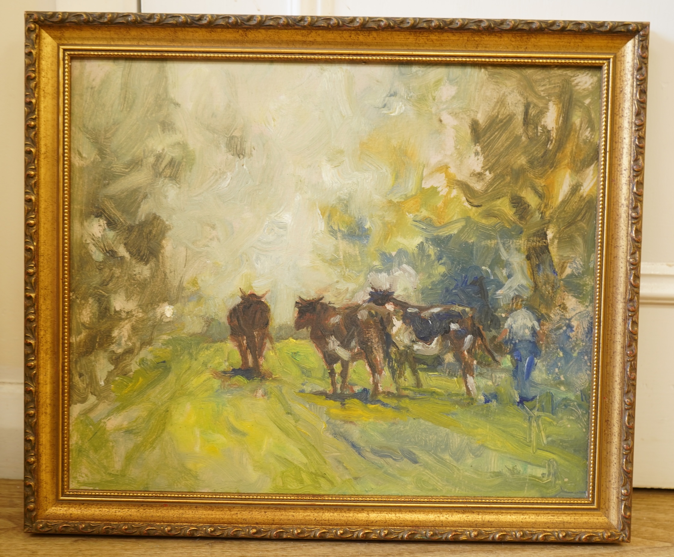 Arthur Spooner (1873-1962), Herding cattle, oil on board, unsigned, 29 x 35cm, Provenance - Artists summer studio, East coast.